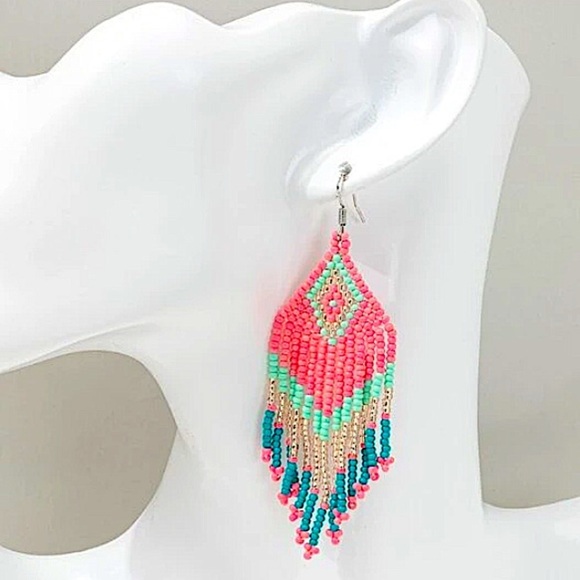 Handmade Bohemian Style Tassel Earrings with Glass Beads Dangle Earrings Vibrant - Picture 3 of 4